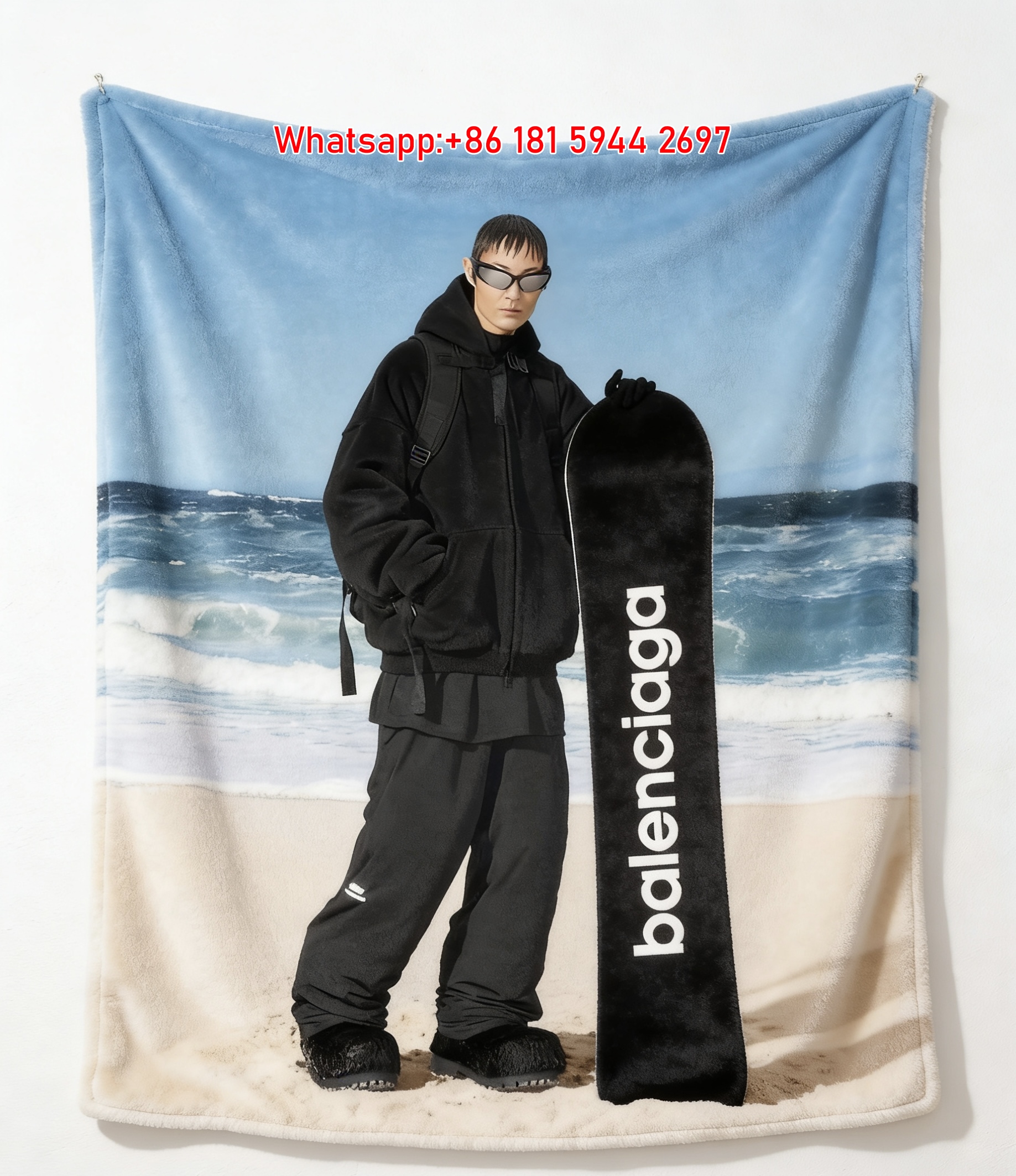 Balenciaga Black Snowboard Print Fleece Throw Blanket BA453